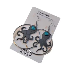 Boucles d’oreilles Poulpe sur anneau en chambre à air surcyclée - Turquoise